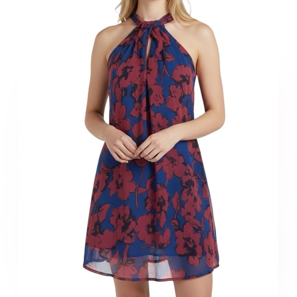 ASTR Blue & Red Floral Sleeveless Halter Lined Dress Size Small
